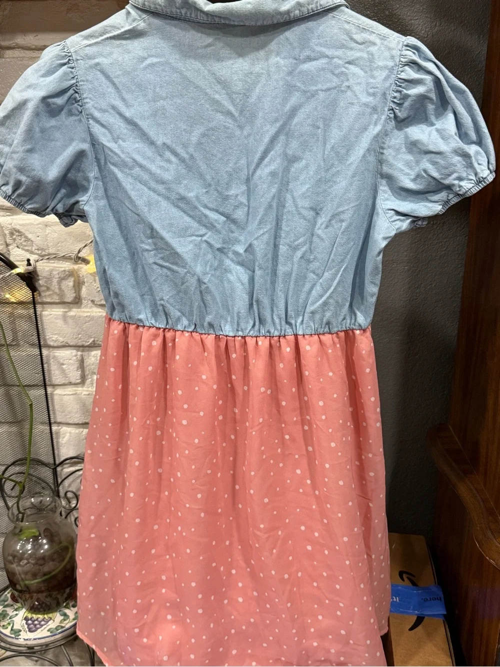 wonder nation Light Blue Denim-Style Top with Pink Polka Dot Skirt Dress